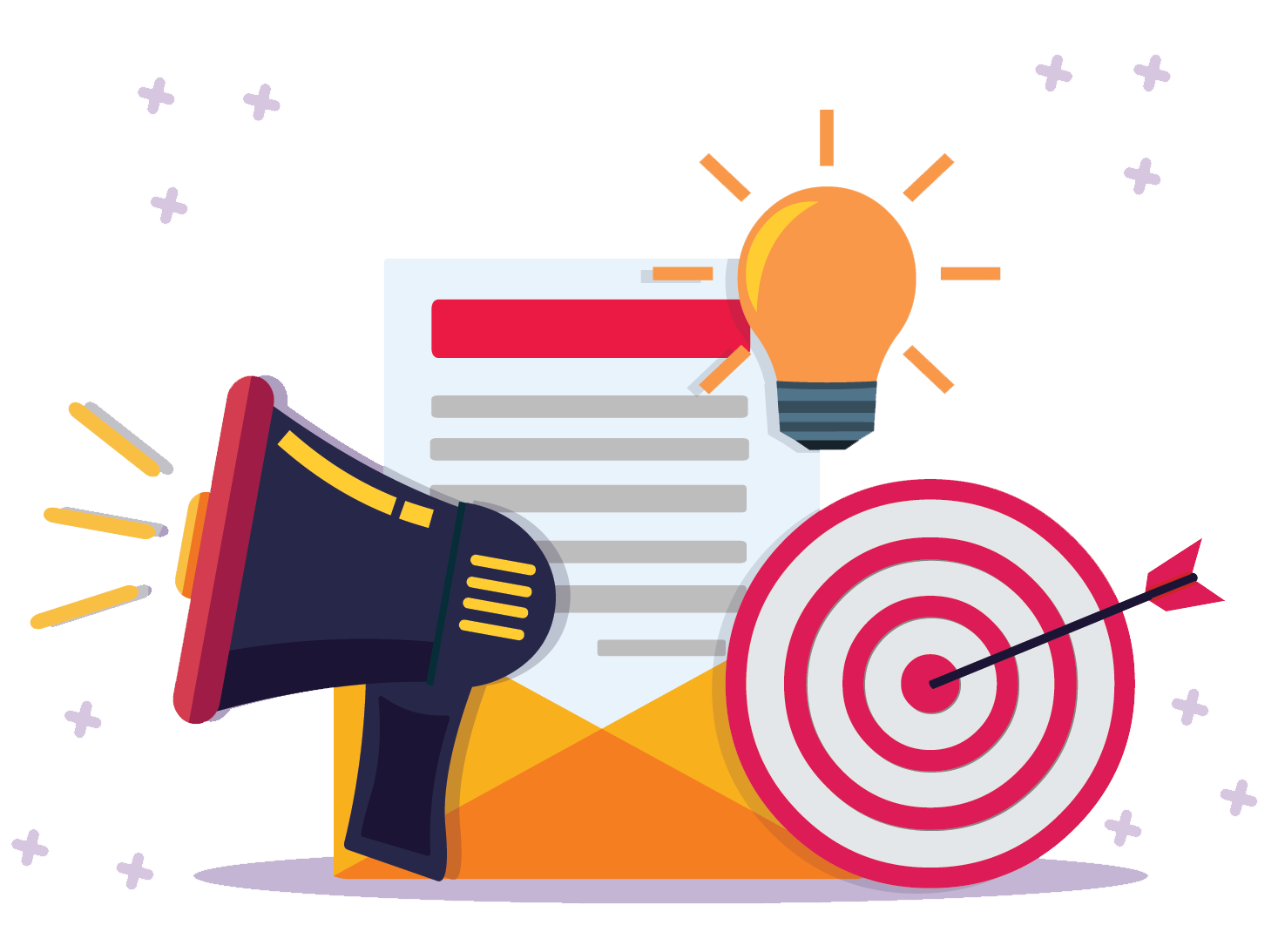 Illustration of a megaphone, email letter, target, arrow, and lightbulb symbolizing effective email marketing strategies and creative ideas